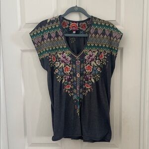 Johnny Was Dark Gray Embroidered V-Neck Tee with Multicolor Floral Motif